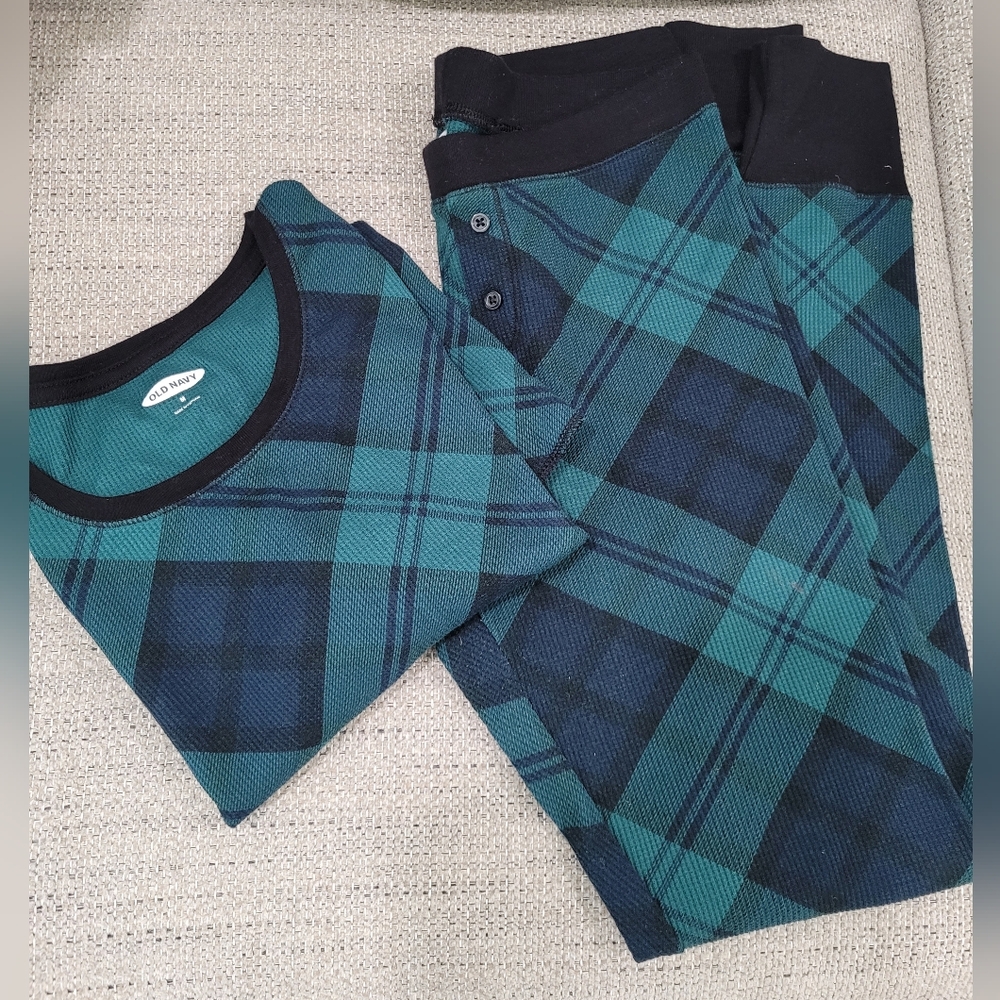Old Navy Teal and Navy Plaid Long Sleeve Pajama Set